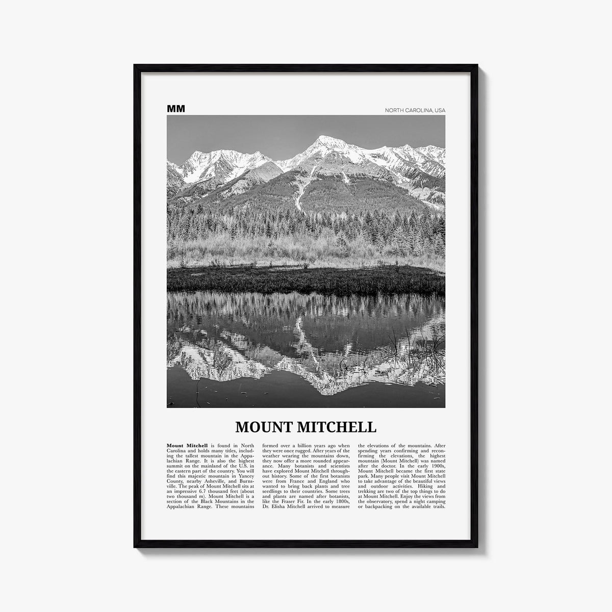 Mount Mitchell black & white newspaper poster of North Carolina, USA – vertical wall art, unframed print shown in interior mo