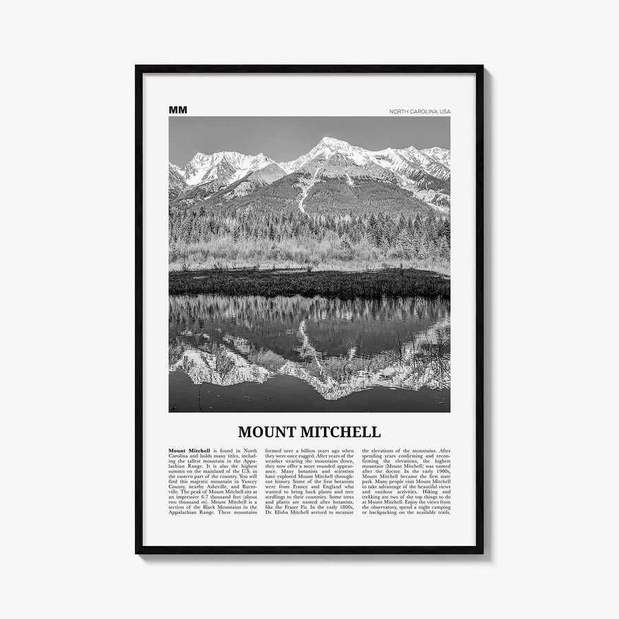 Mount Mitchell black & white newspaper poster of North Carolina, USA – vertical wall art, unframed print shown in interior mo
