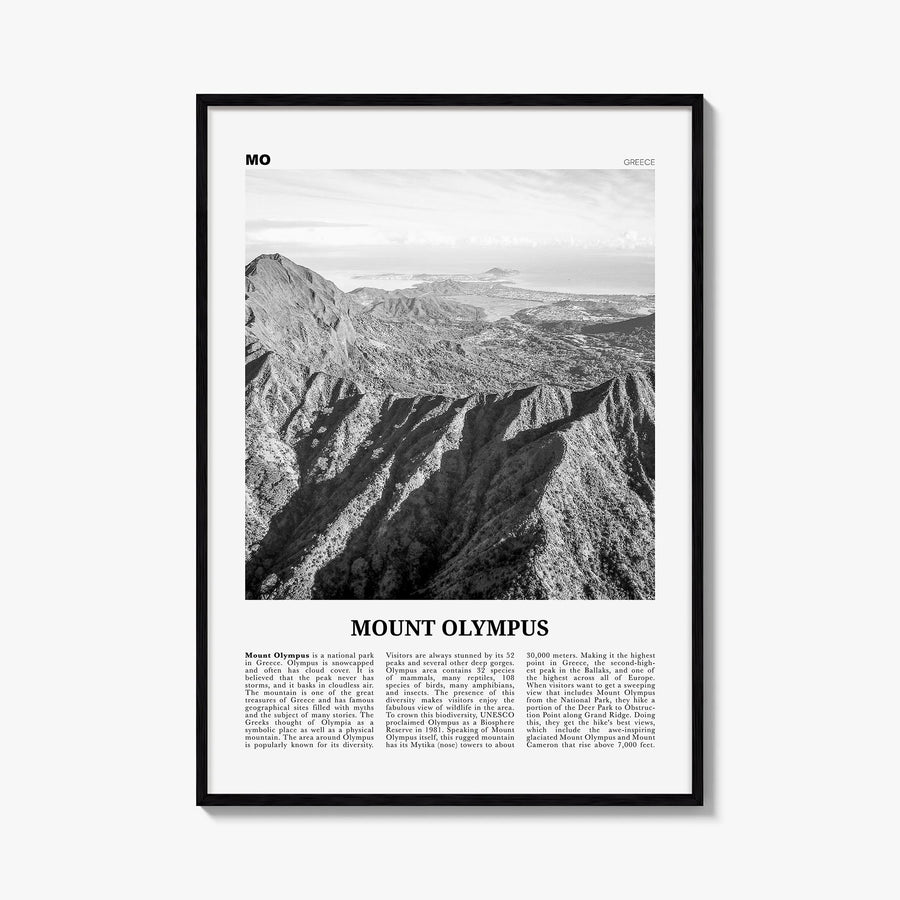 Mount Olympus black & white newspaper poster of Greece – vertical wall art, unframed print shown in interior mockup