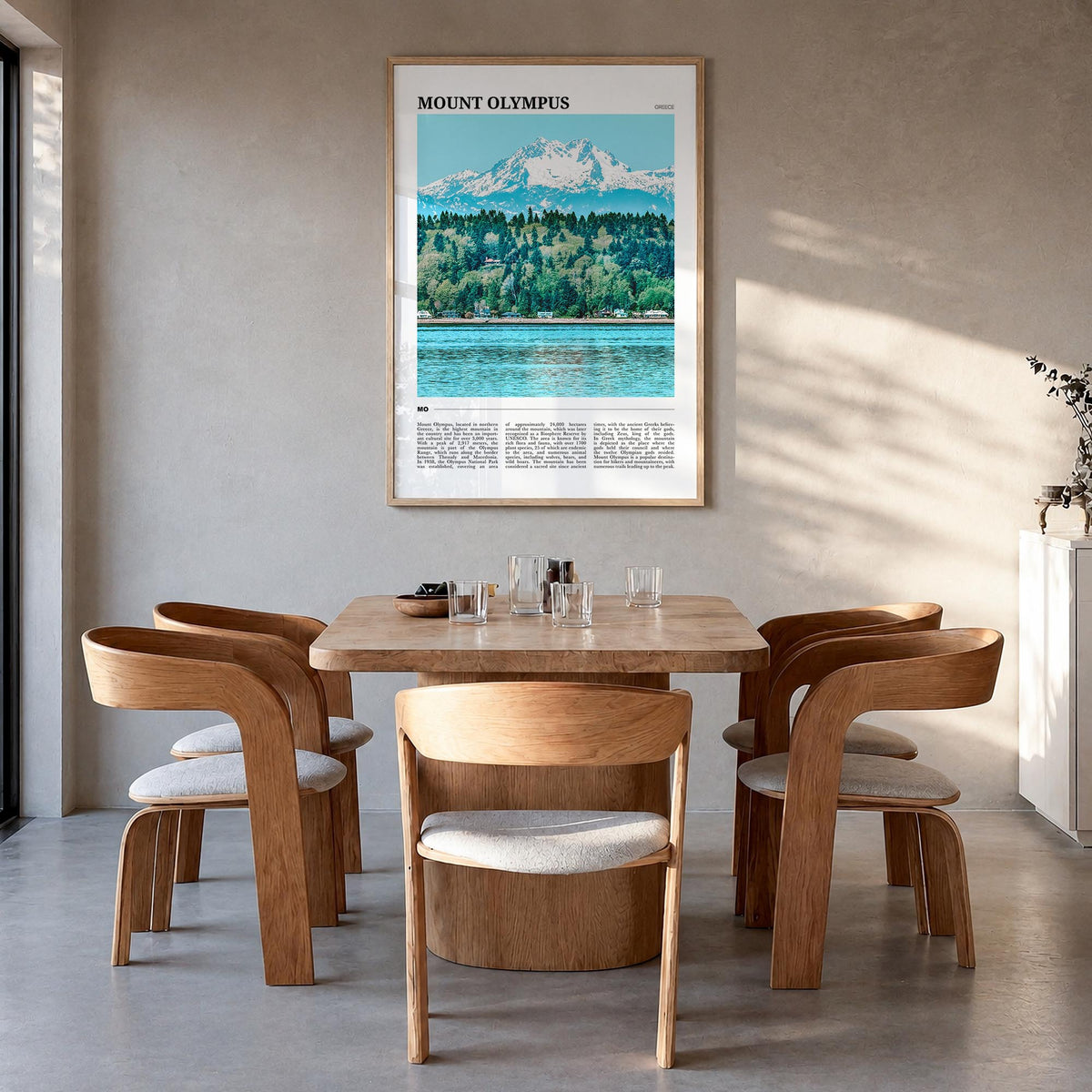 Mount Olympus colorful travel poster of Greece – vertical wall art in natural wood frame, hanging on wall