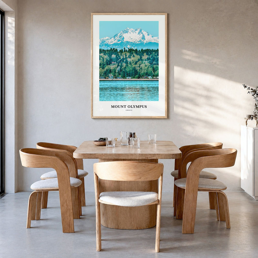 Mount Olympus Classic Poster in a natural wood frame, hanging in a dining room