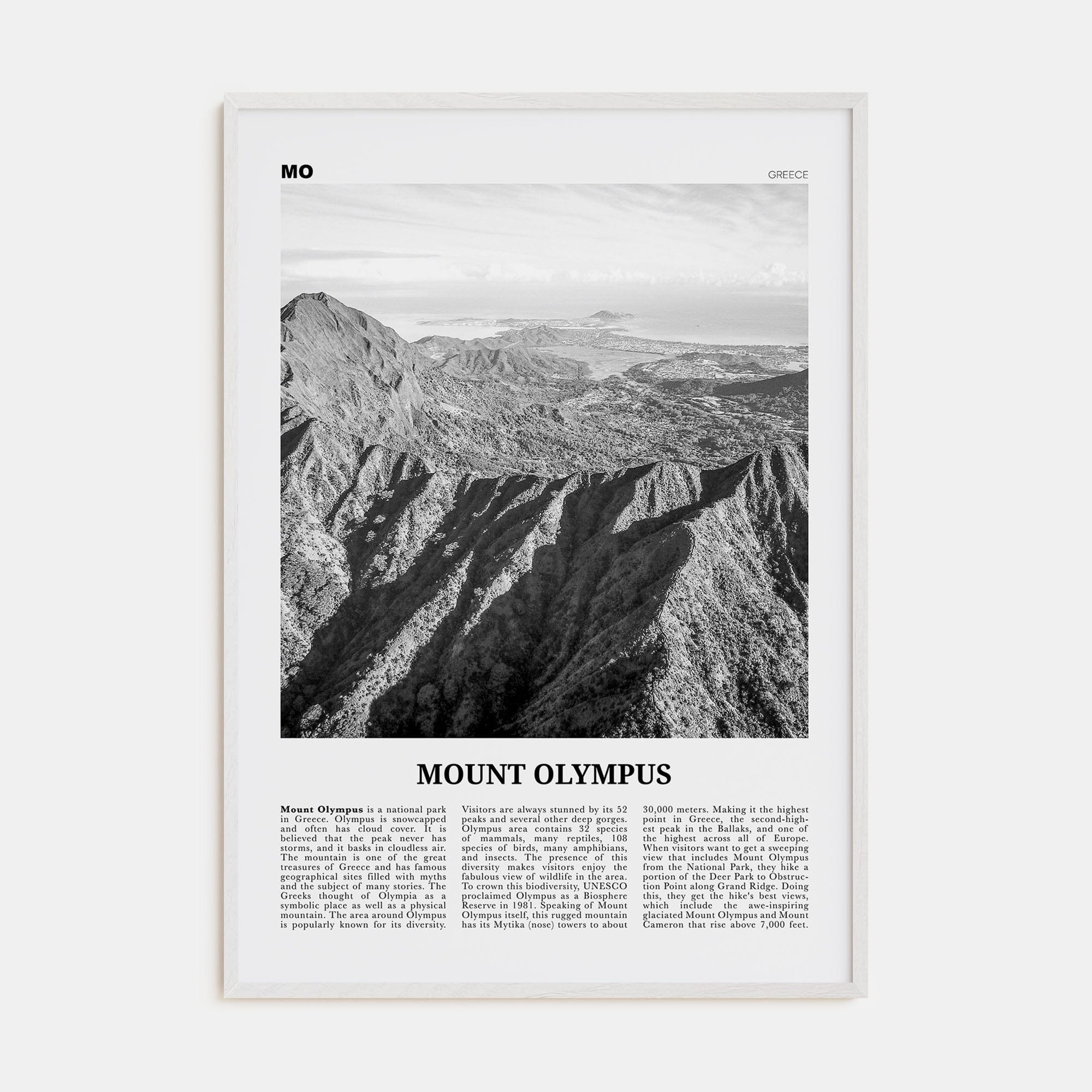 Mount Olympus Poster White Wood / 8x12 in Nbourhood Travel B&W Poster