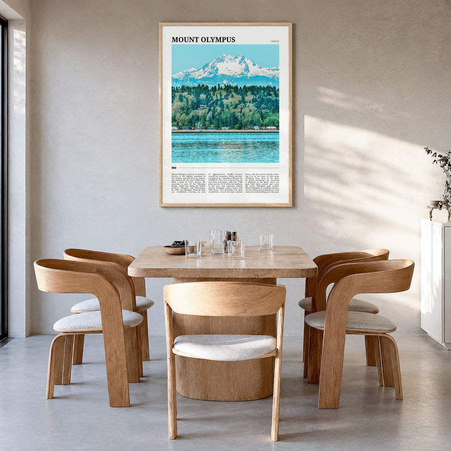 Mount Olympus Travel Poster in a natural wood frame, hanging in a dining room
