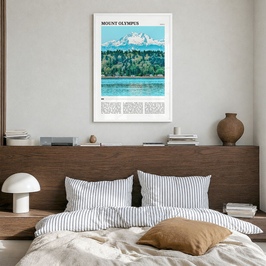 Mount Olympus Travel Poster in a white wood frame, hanging in a bedroom