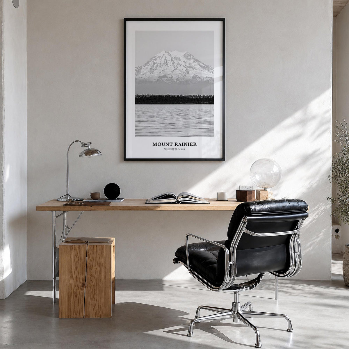 Mount Rainier black & white classic poster of Washington, USA – vertical wall art in black wood frame, hanging on wall