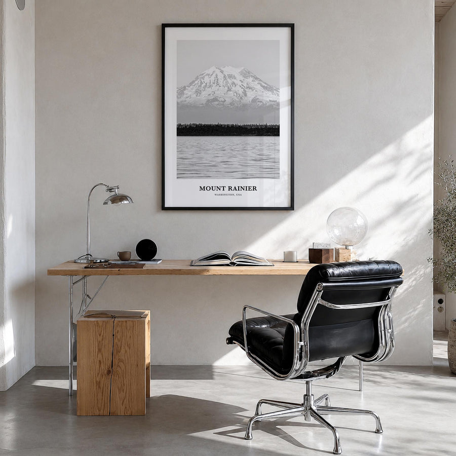 Mount Rainier black & white classic poster of Washington, USA – vertical wall art in black wood frame, hanging on wall