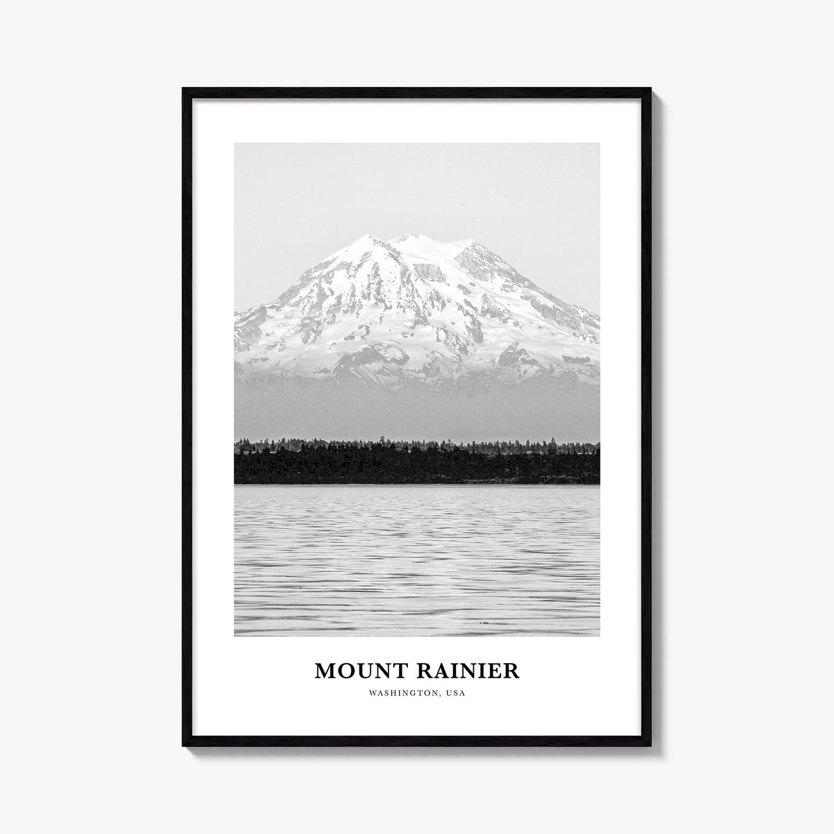 Mount Rainier black & white classic poster of Washington, USA – vertical wall art, unframed print shown in interior mockup