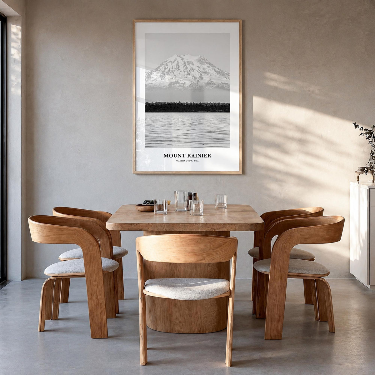 Mount Rainier black & white classic poster of Washington, USA – vertical wall art in natural wood frame, hanging on wall