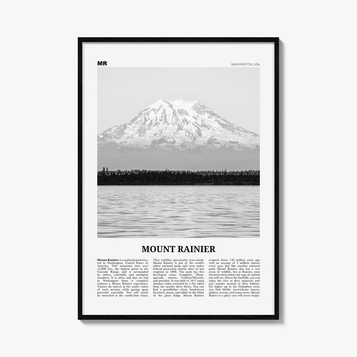 Mount Rainier black & white newspaper poster of Washington, USA – vertical wall art, unframed print shown in interior mockup