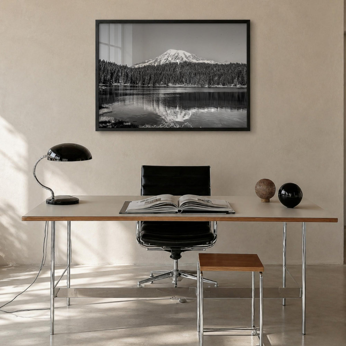 Mount Rainier black & white photo poster of Washington, USA – horizontal wall art in black wood frame, hanging on wall