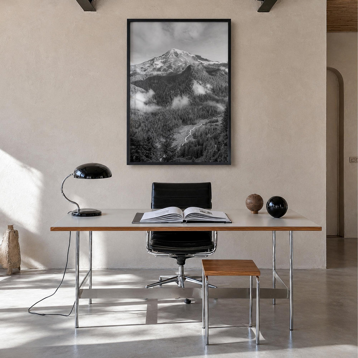 Mount Rainier black & white photo poster of Washington, USA – vertical wall art in black wood frame, hanging on wall