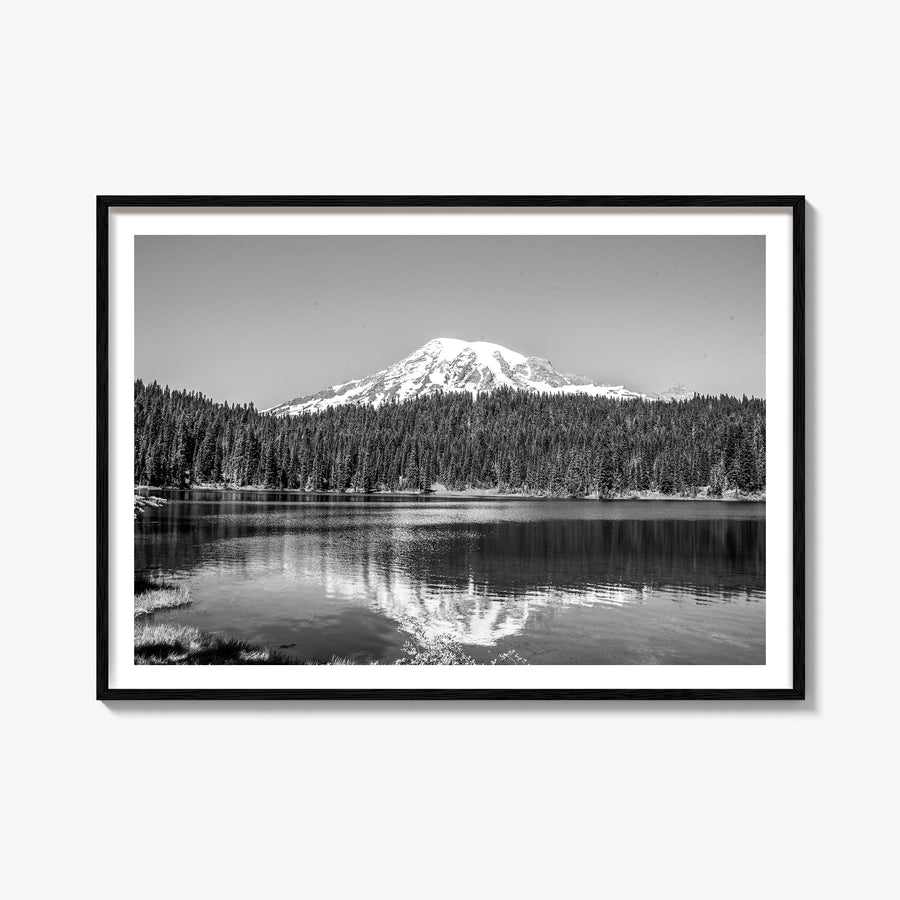 Mount Rainier black & white photo poster of Washington, USA – horizontal wall art, unframed print shown in interior mockup