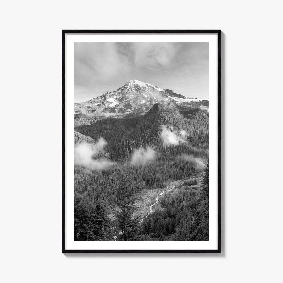 Mount Rainier black & white photo poster of Washington, USA – vertical wall art, unframed print shown in interior mockup