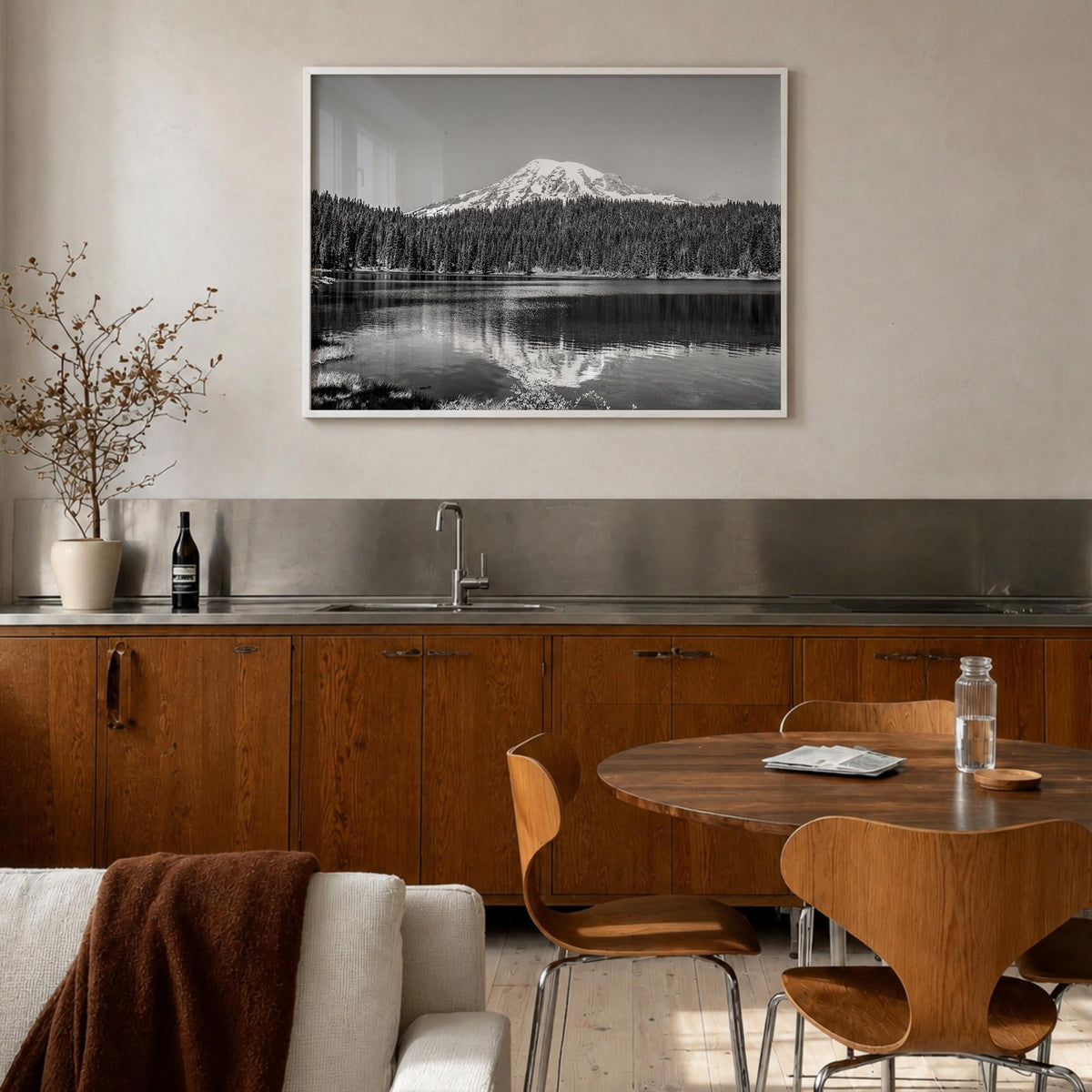 Mount Rainier black & white photo poster of Washington, USA – horizontal wall art in white wood frame, hanging on wall