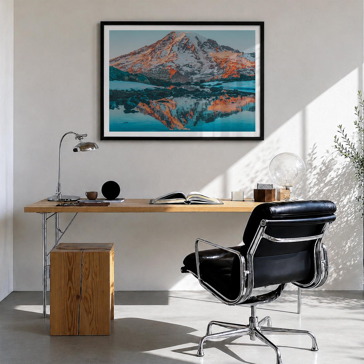 Mount Rainier colorful photo poster of Washington, USA – horizontal wall art in black wood frame with white border, hanging o