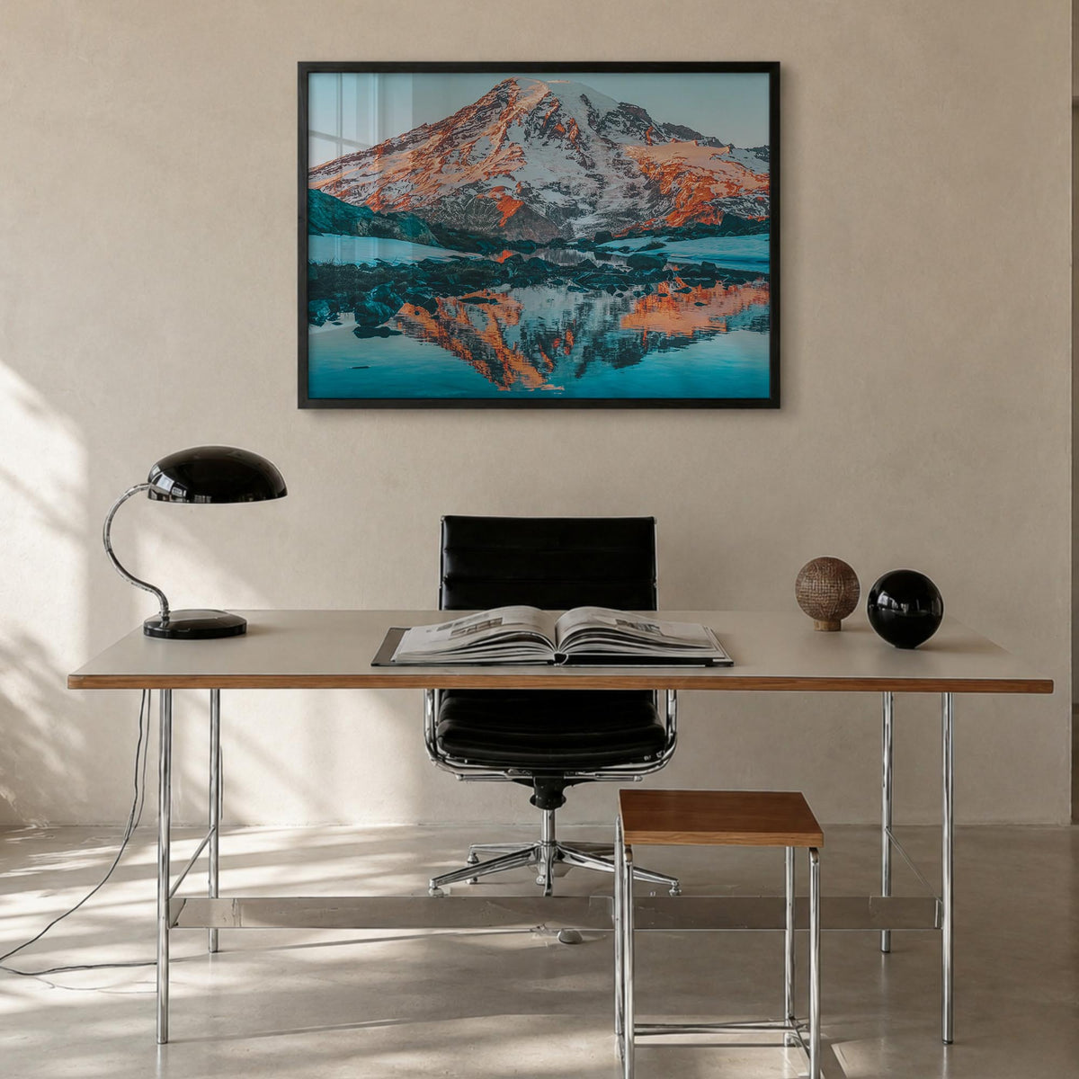 Mount Rainier colorful photo poster of Washington, USA – horizontal wall art in black wood frame, hanging on wall