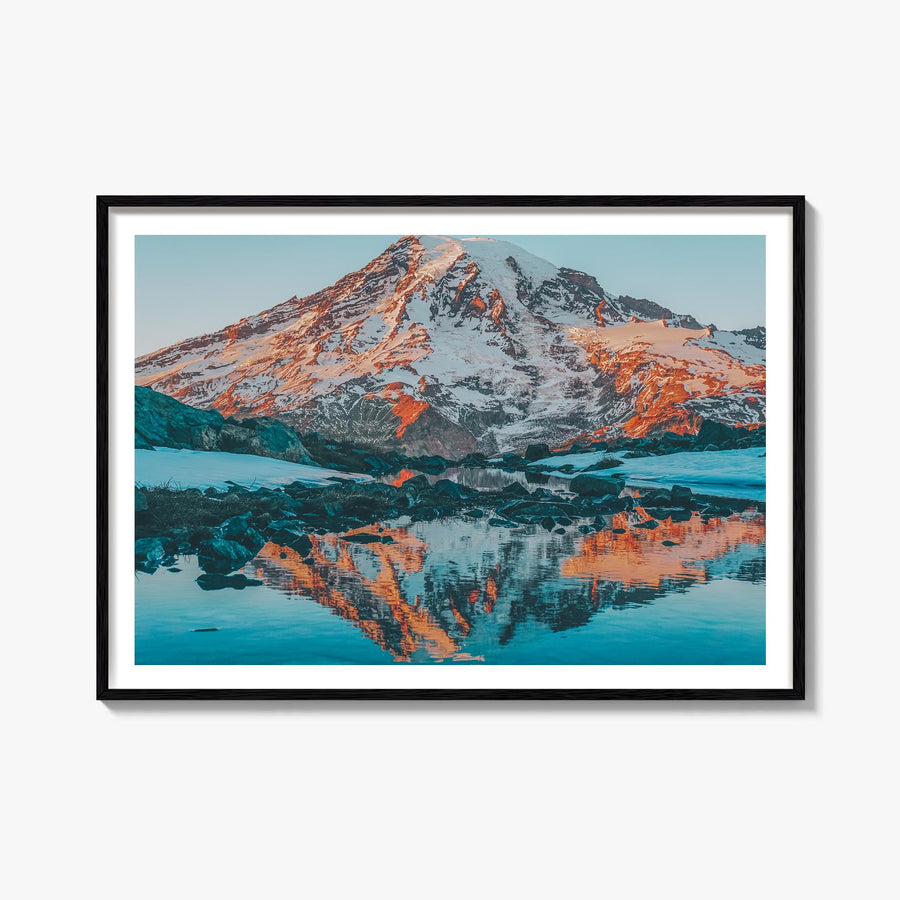 Mount Rainier colorful photo poster of Washington, USA – horizontal wall art, unframed print shown in interior mockup