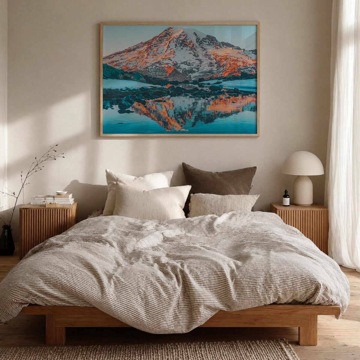 Mount Rainier colorful photo poster of Washington, USA – horizontal wall art in natural wood frame, hanging on wall