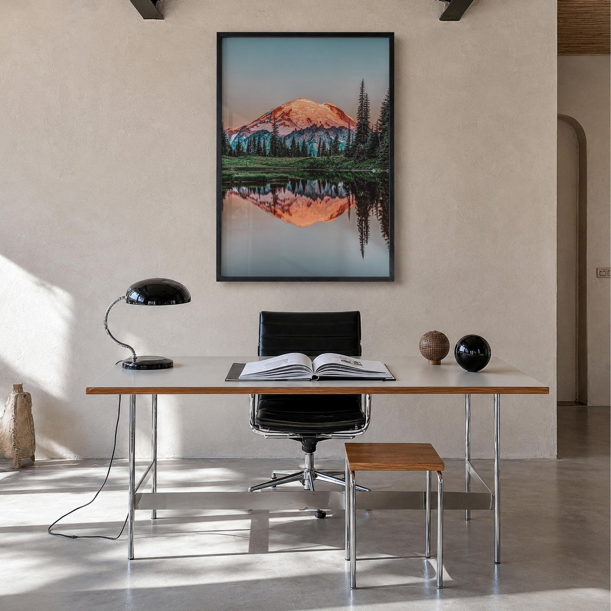 Mount Rainier no. 1 colorful photo poster of Washington, USA – vertical wall art in black wood frame, hanging on wall