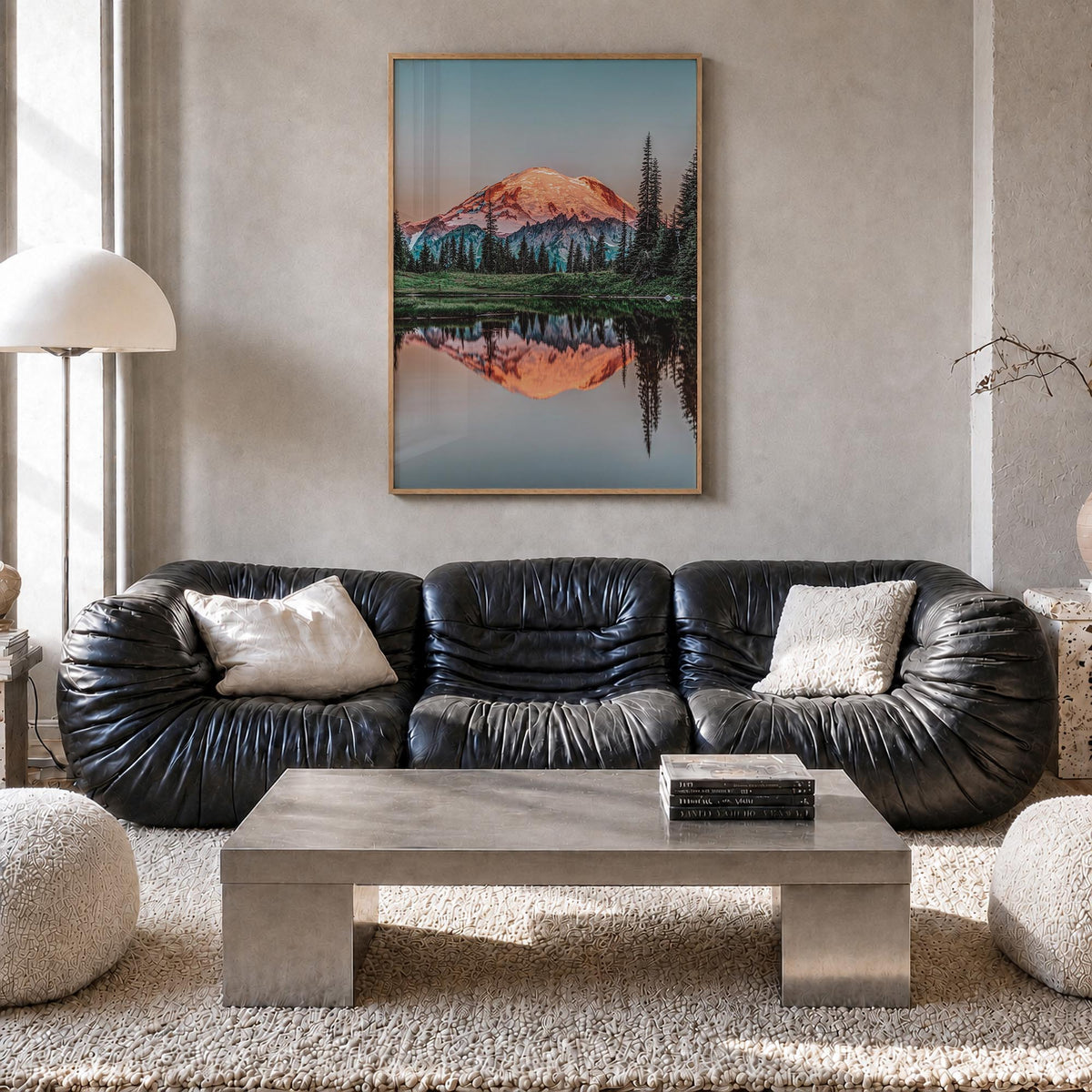 Mount Rainier no. 1 colorful photo poster of Washington, USA – vertical wall art in natural wood frame, hanging on wall
