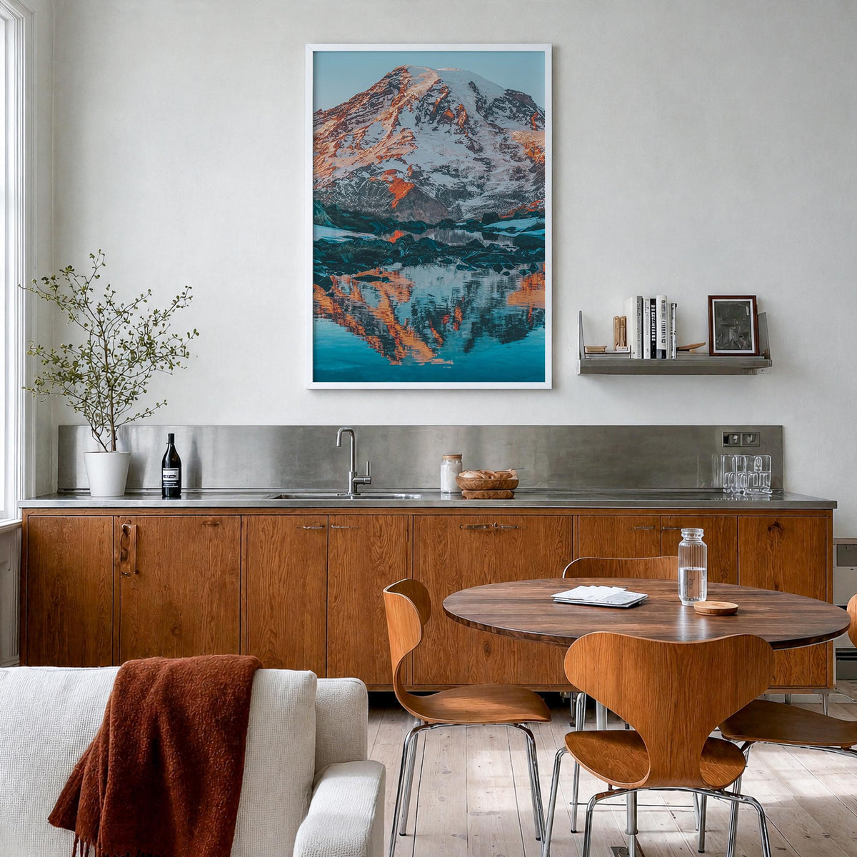 Mount Rainier no. 2 colorful photo poster of Washington, USA – vertical wall art in white wood frame, hanging on wall