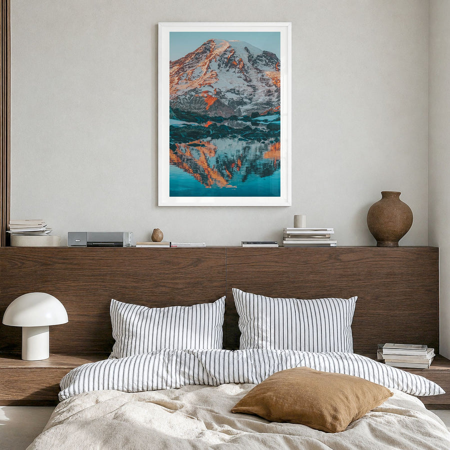Mount Rainier Photo No 2 Poster in a white wood frame, hanging in a bedroom, white border