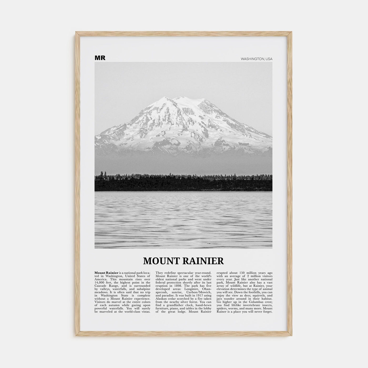 Mount Rainier Poster Natural Wood / 8x12 in Nbourhood Travel B&W Poster