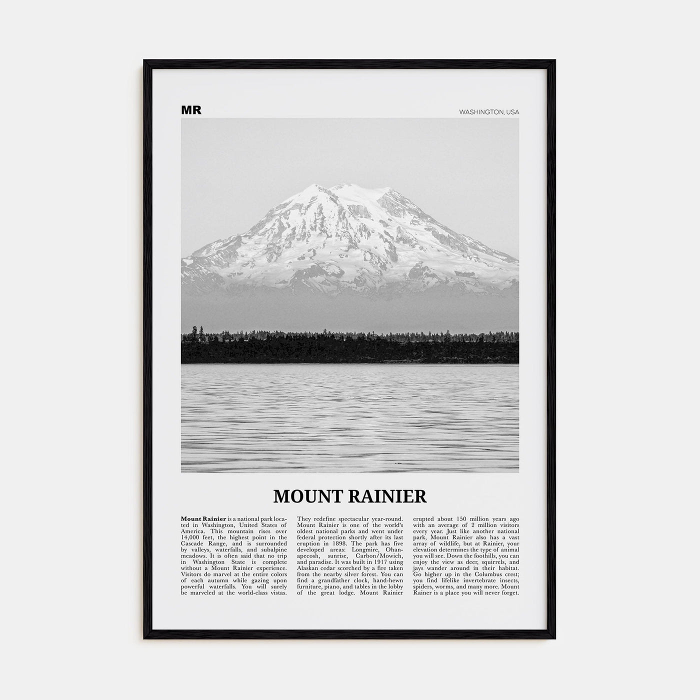 Mount Rainier Poster Black Wood / 8x12 in Nbourhood Travel B&W Poster