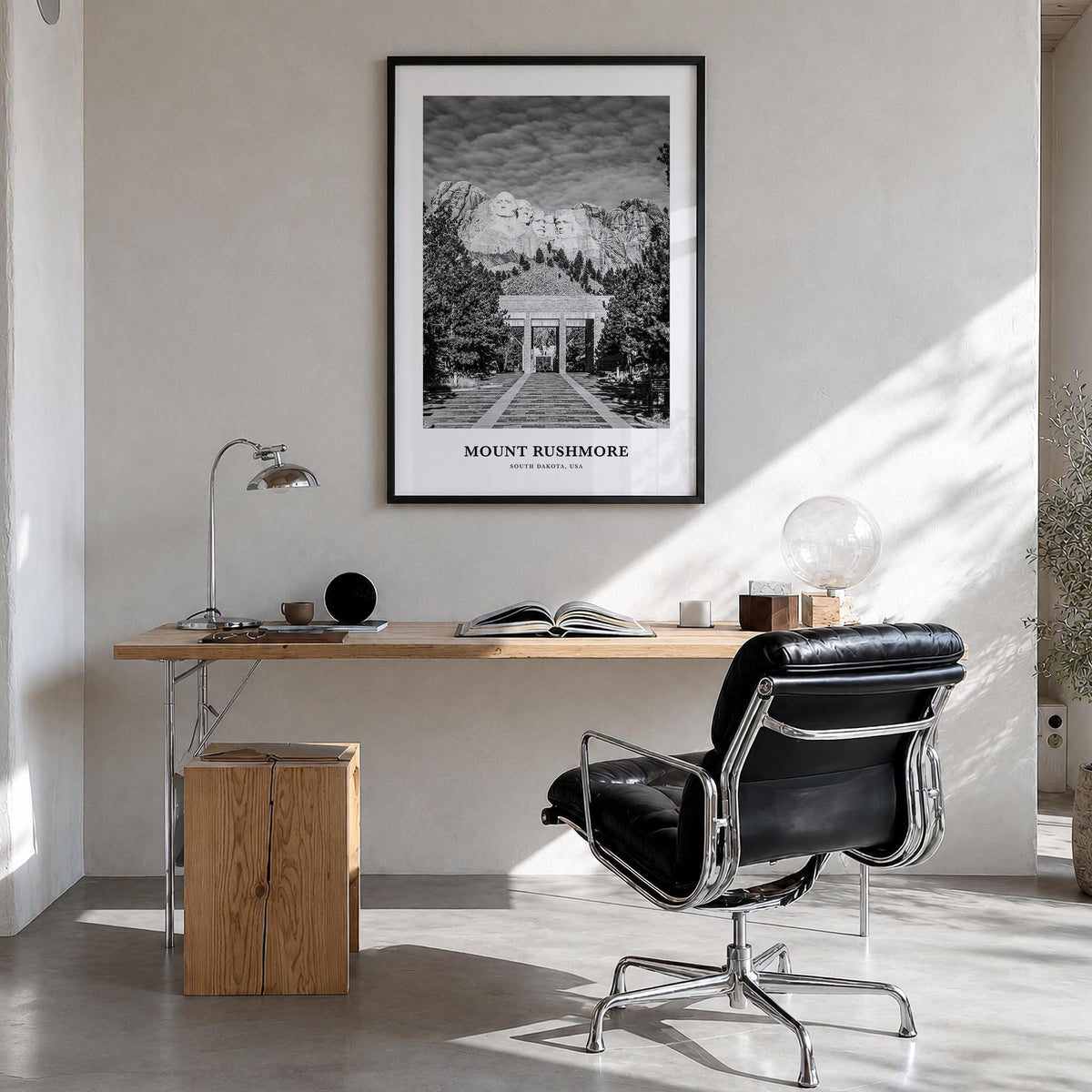 Mount Rushmore black & white classic poster of South Dakota, USA – vertical wall art in black wood frame, hanging on wall