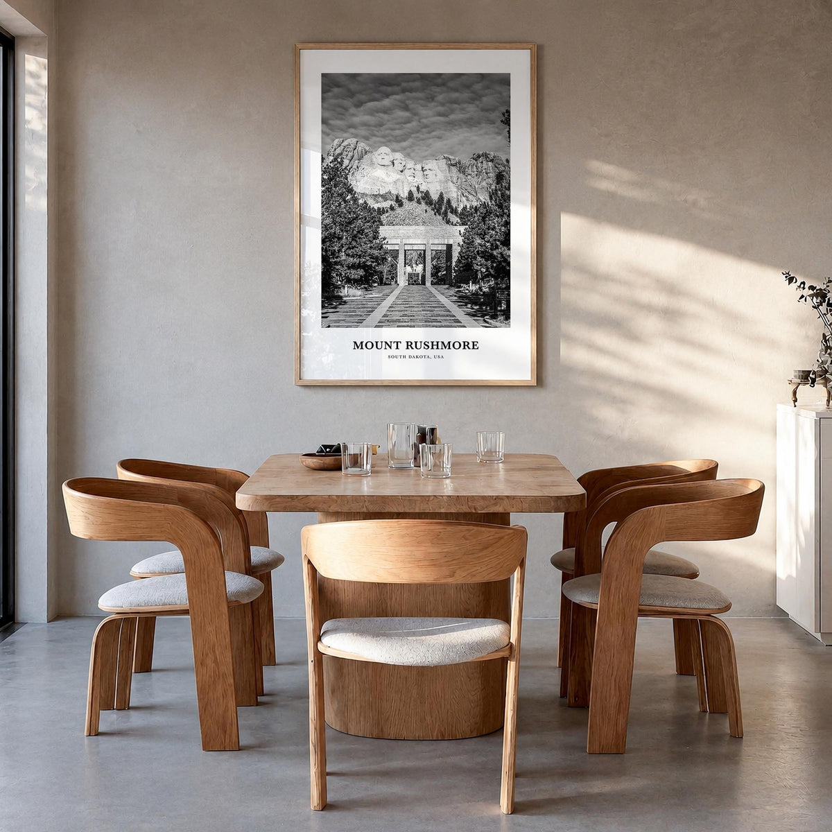 Mount Rushmore black & white classic poster of South Dakota, USA – vertical wall art in natural wood frame, hanging on wall