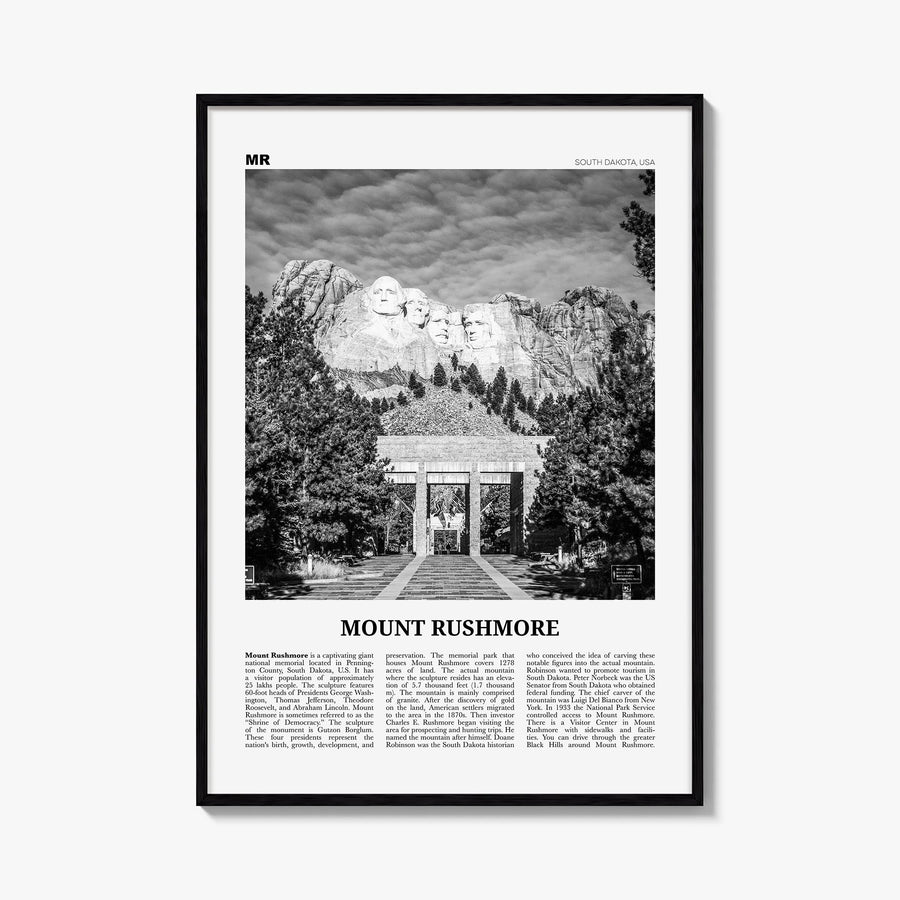 Mount Rushmore black & white newspaper poster of South Dakota, USA – vertical wall art, unframed print shown in interior mock