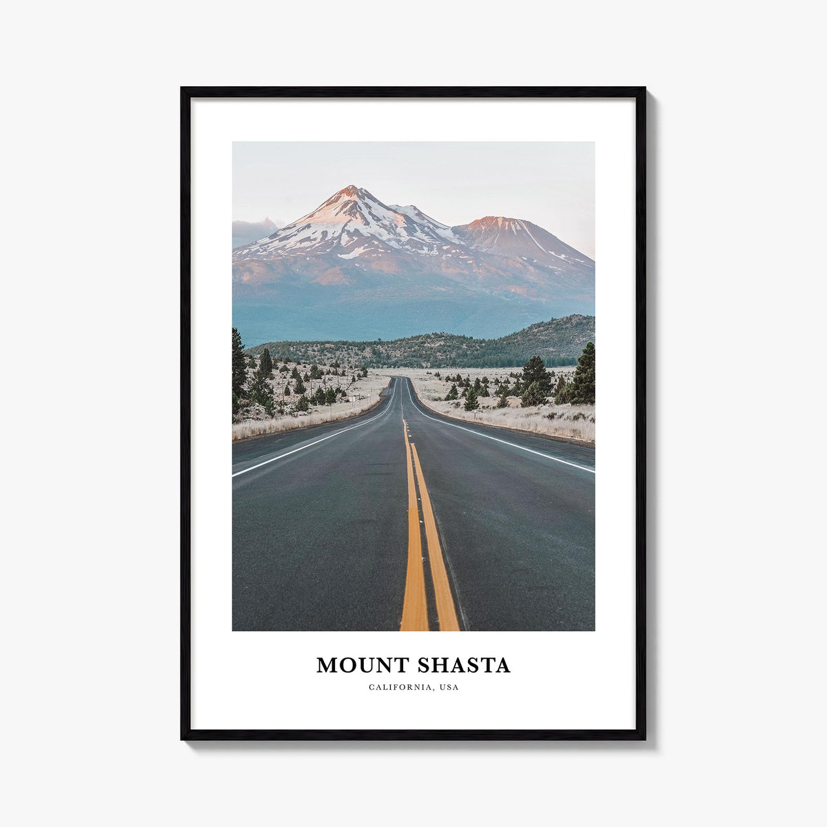 Mount Shasta colorful classic poster of California, USA – vertical wall art, unframed print shown in interior mockup