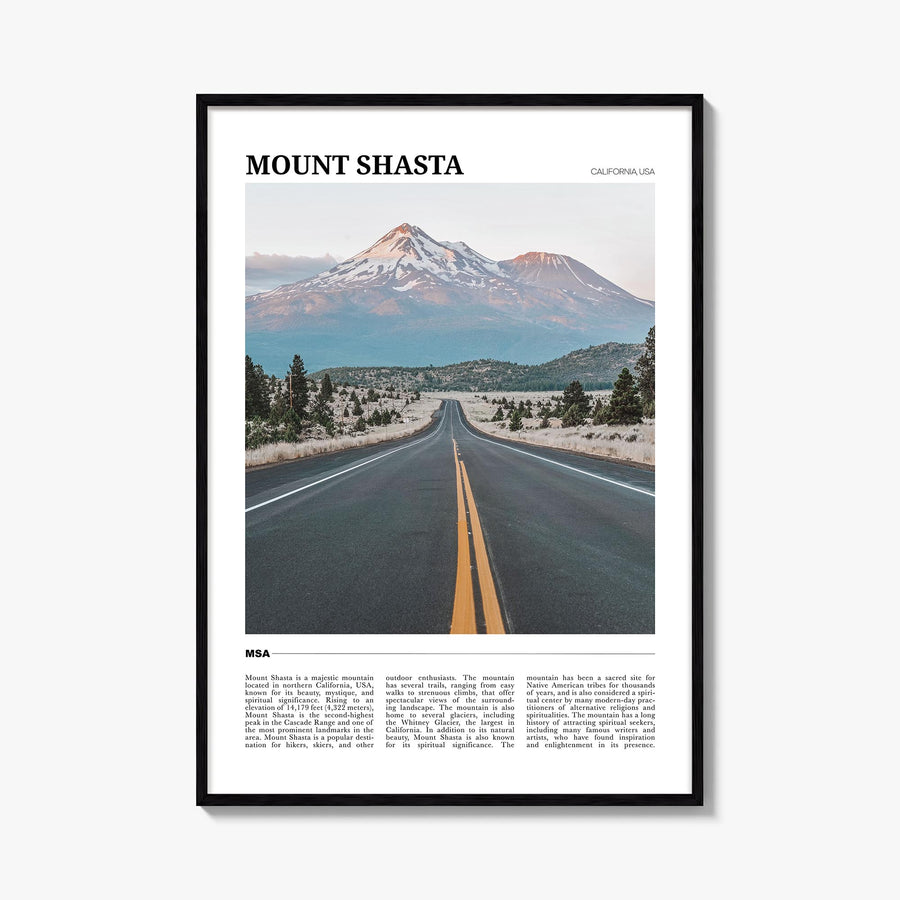 Mount Shasta colorful travel poster of California, USA – vertical wall art, unframed print shown in interior mockup