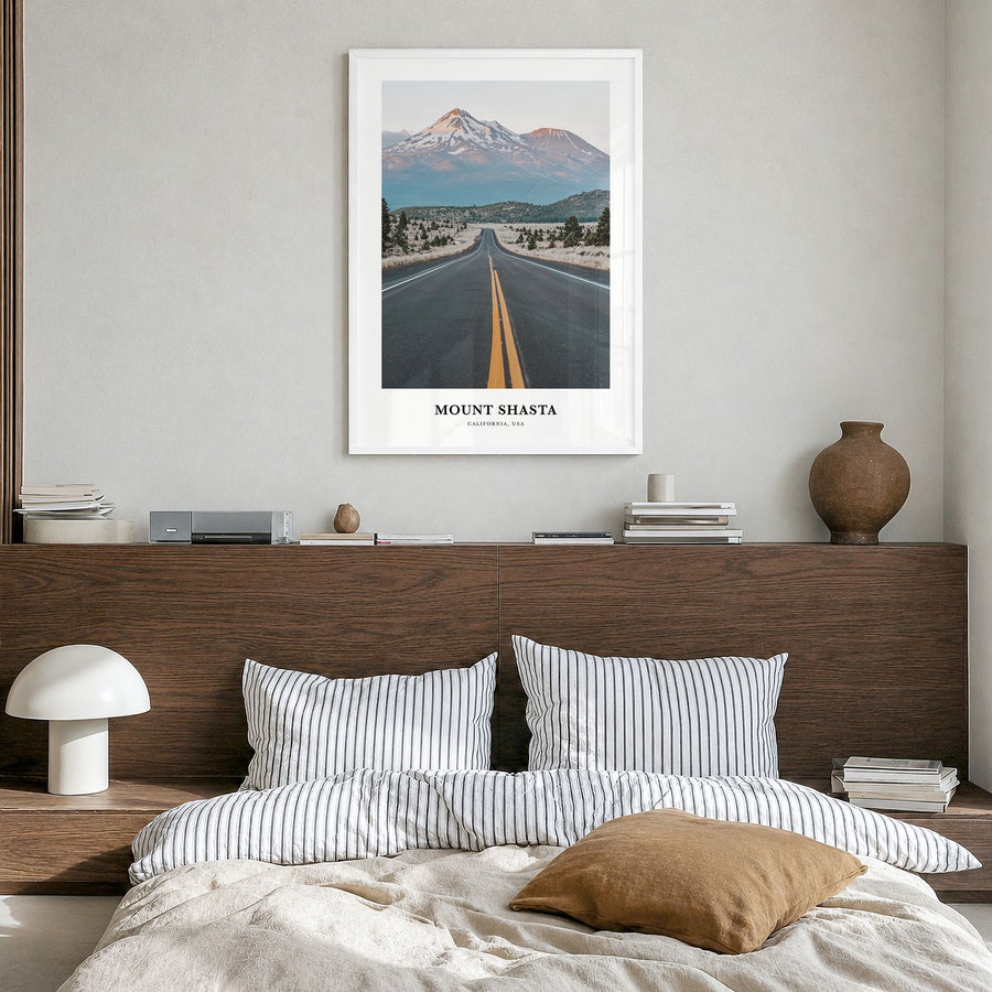 Mount Shasta Classic Poster in a white wood frame, hanging in a bedroom