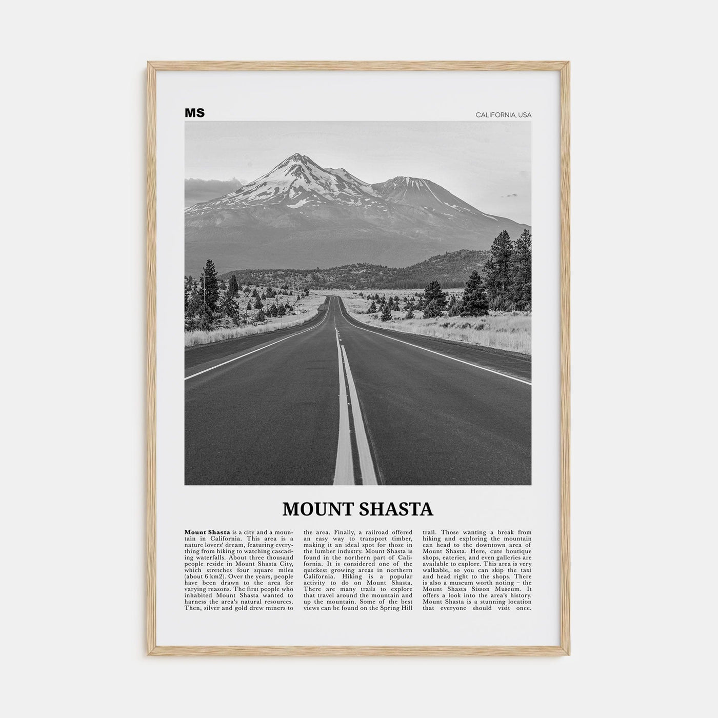 Mount Shasta Poster Natural Wood / 8x12 in Nbourhood Travel B&W Poster