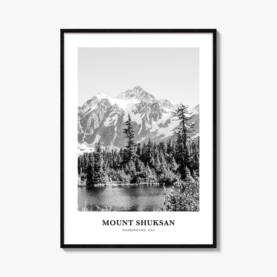 Mount Shuksan black & white classic poster of Washington, USA – vertical wall art, unframed print shown in interior mockup