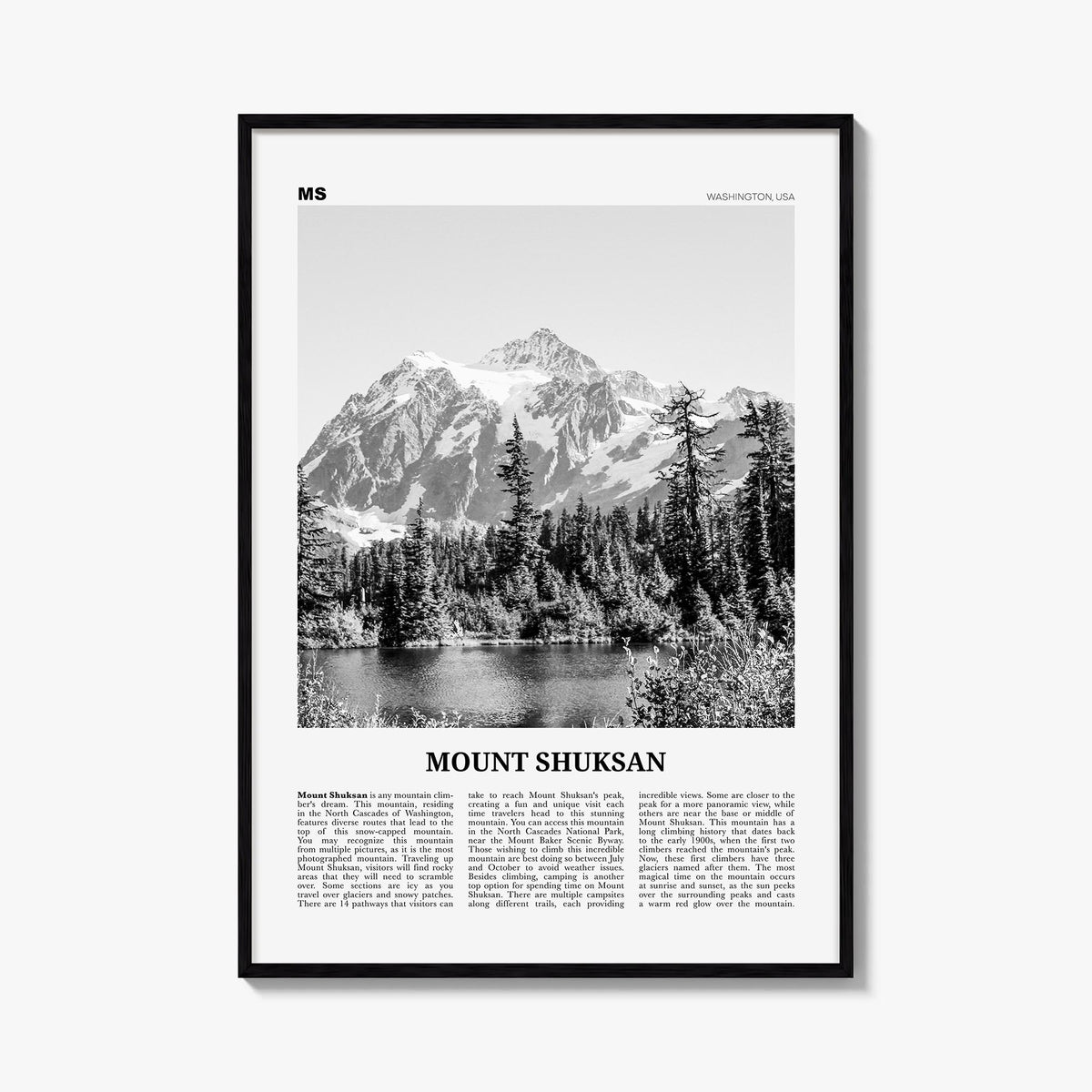 Mount Shuksan black & white newspaper poster of Washington, USA – vertical wall art, unframed print shown in interior mockup