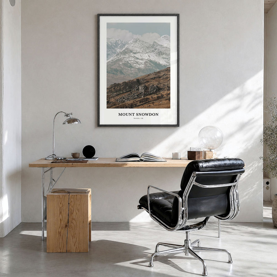 Mount Snowdon Classic Poster in a black wood frame, hanging in a bright home office