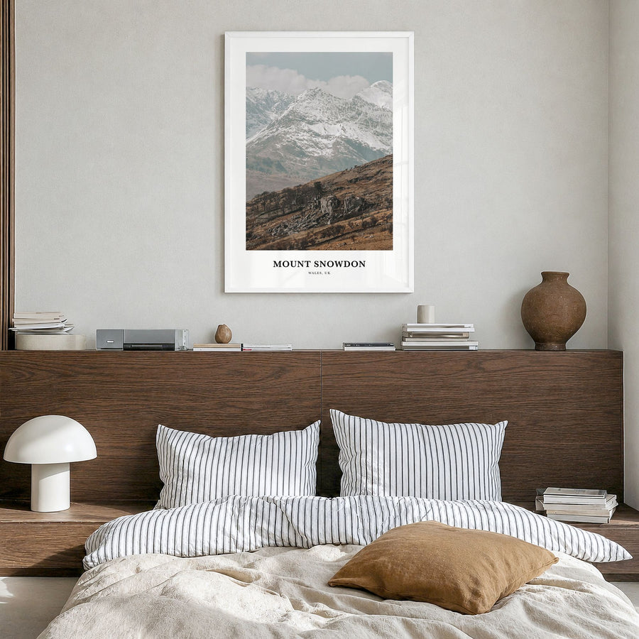 Mount Snowdon Classic Poster in a white wood frame, hanging in a bedroom