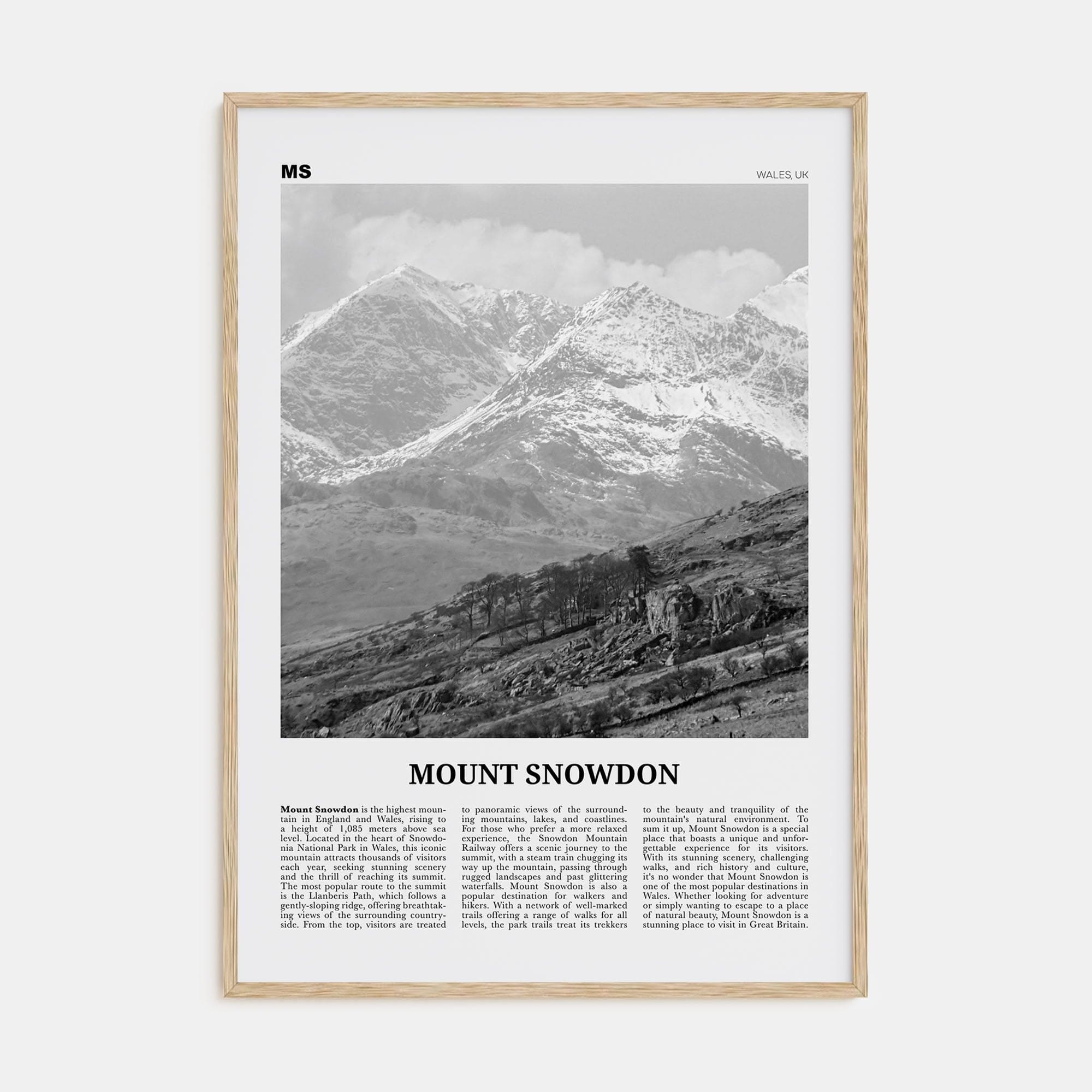 Mount Snowdon Poster Natural Wood / 8x12 in Nbourhood Travel B&W Poster