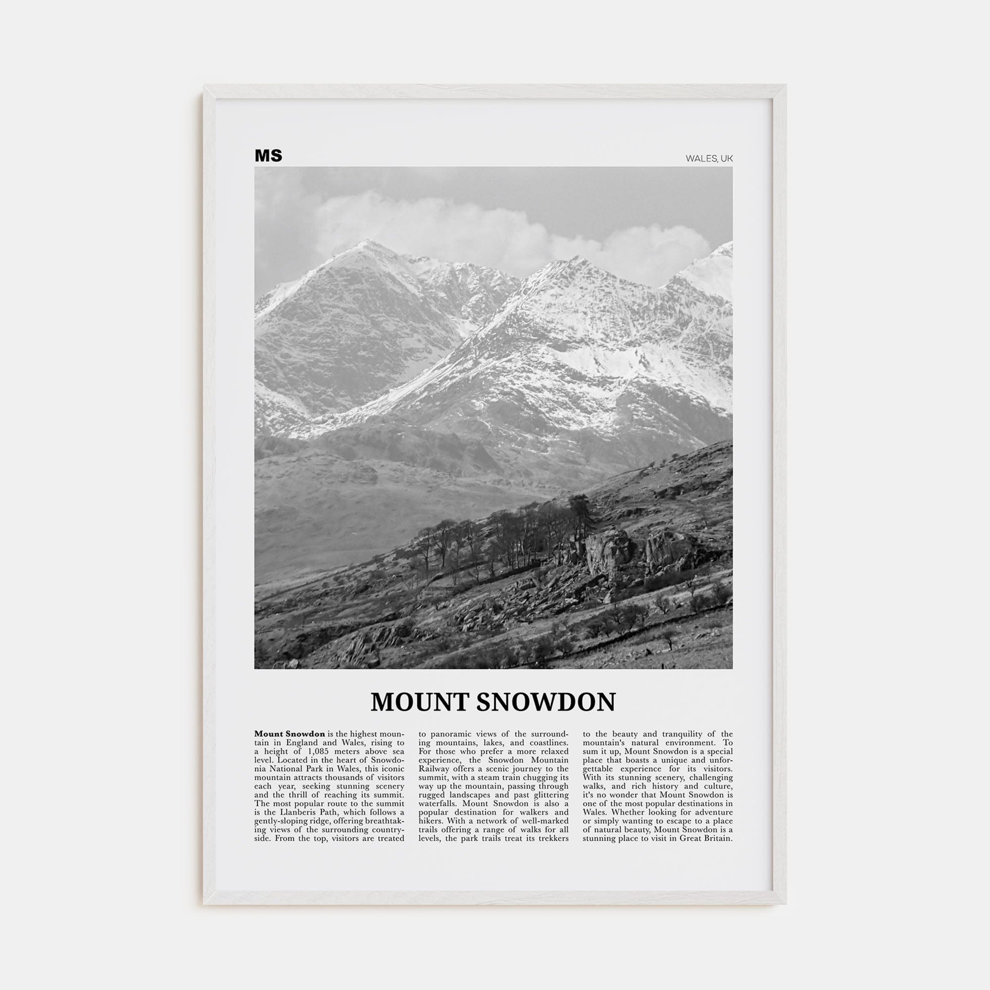 Mount Snowdon Poster White Wood / 8x12 in Nbourhood Travel B&W Poster