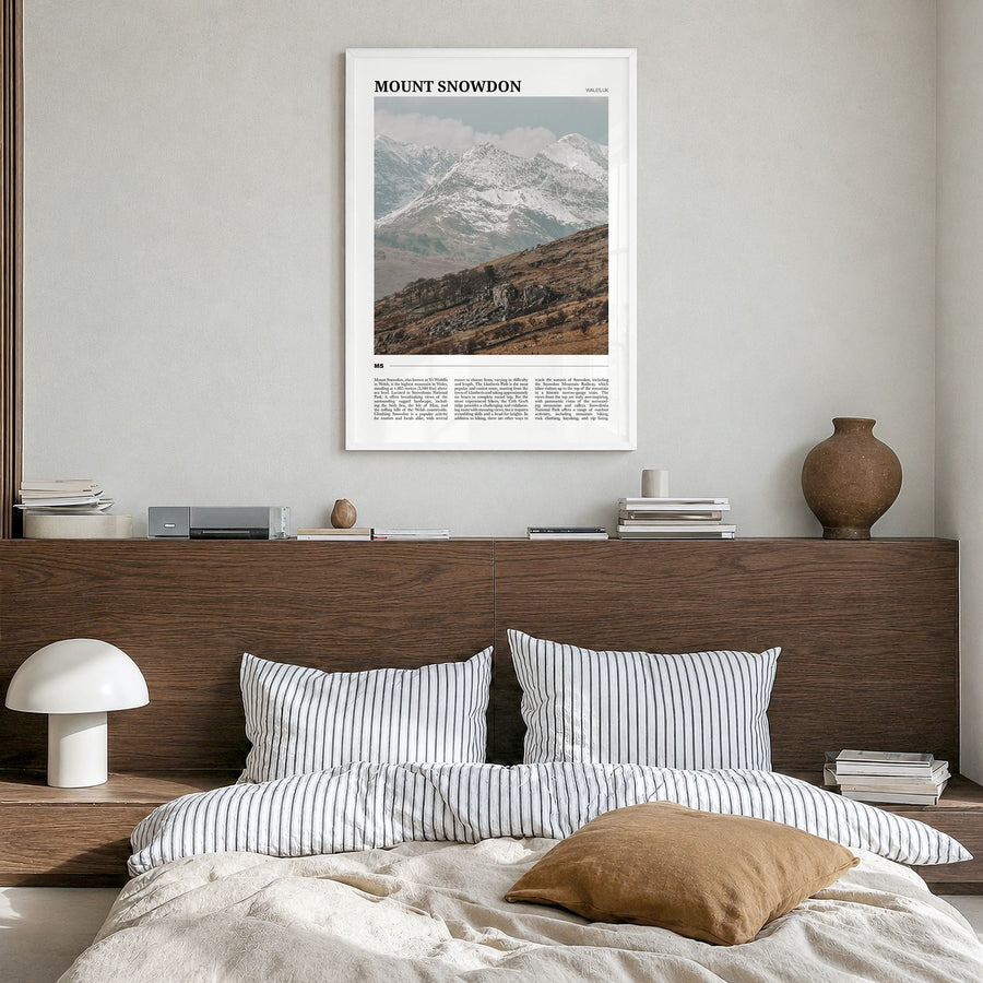 Mount Snowdon Travel Poster in a white wood frame, hanging in a bedroom