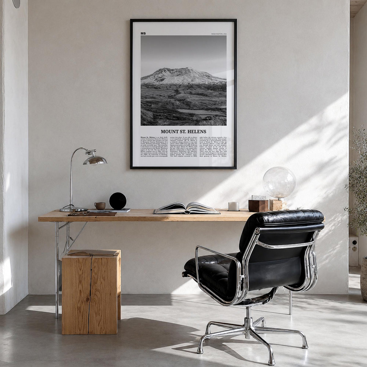 Mount St. Helens black & white newspaper poster of Washington, USA – vertical wall art in black wood frame, hanging on wall