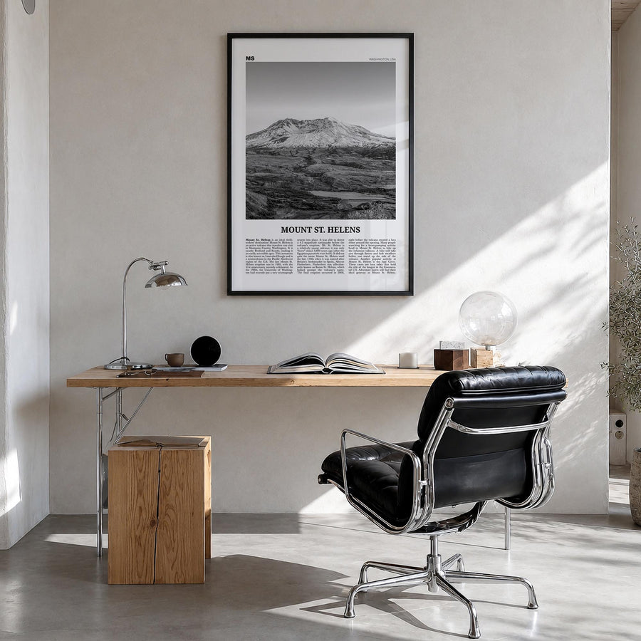 Mount St. Helens black & white newspaper poster of Washington, USA – vertical wall art in black wood frame, hanging on wall