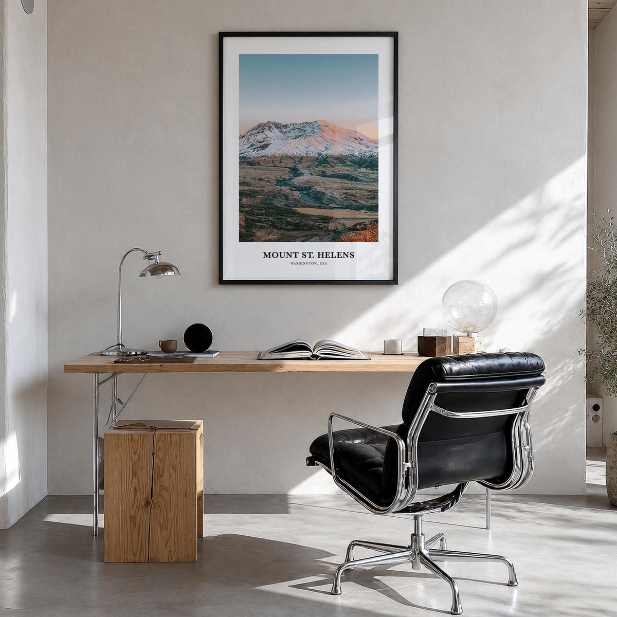 Mount St. Helens colorful classic poster of Washington, USA – vertical wall art in black wood frame, hanging on wall