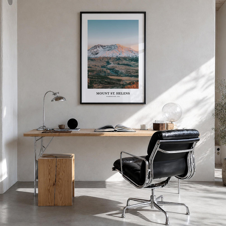 Mount St. Helens colorful classic poster of Washington, USA – vertical wall art in black wood frame, hanging on wall