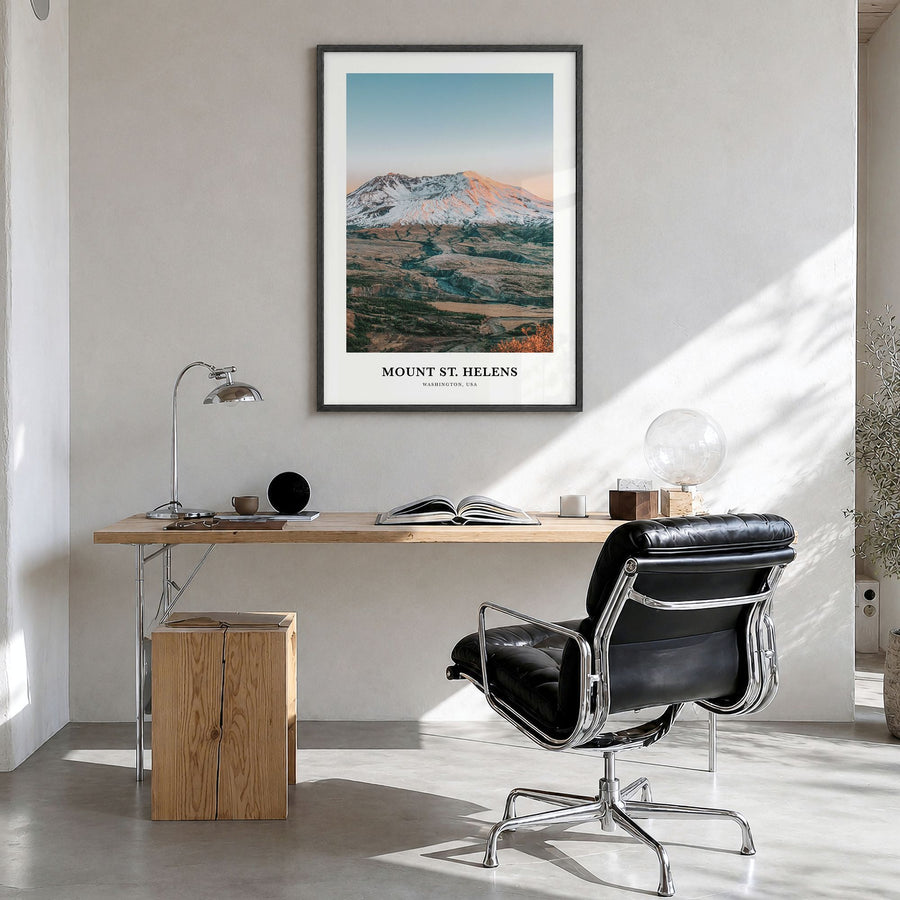 Mount St. Helens Classic Poster in a black wood frame, hanging in a bright home office