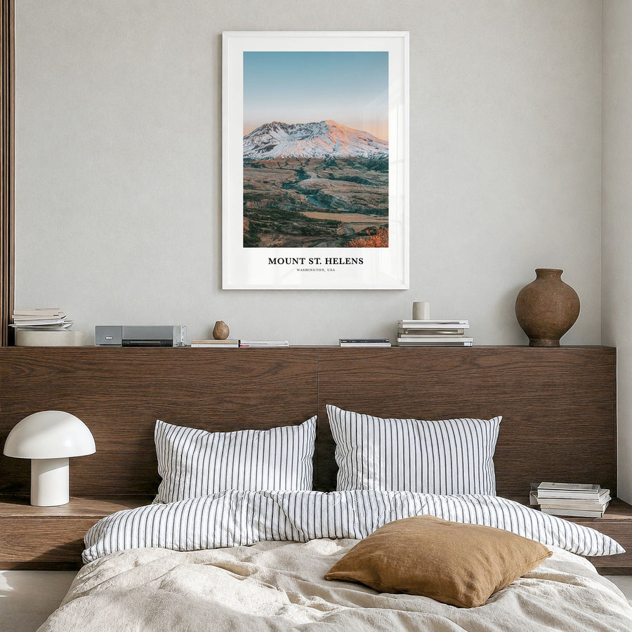 Mount St. Helens Classic Poster in a white wood frame, hanging in a bedroom