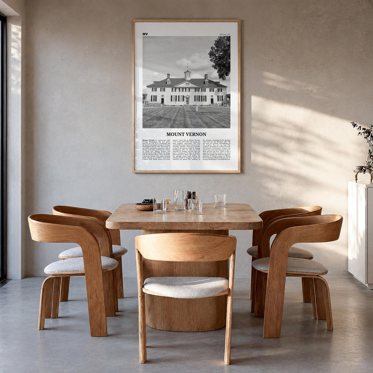 Mount Vernon black & white newspaper poster of New York, USA – vertical wall art in natural wood frame, hanging on wall