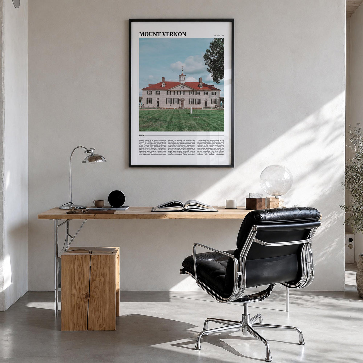 Mount Vernon colorful travel poster of New York, USA – vertical wall art in black wood frame, hanging on wall